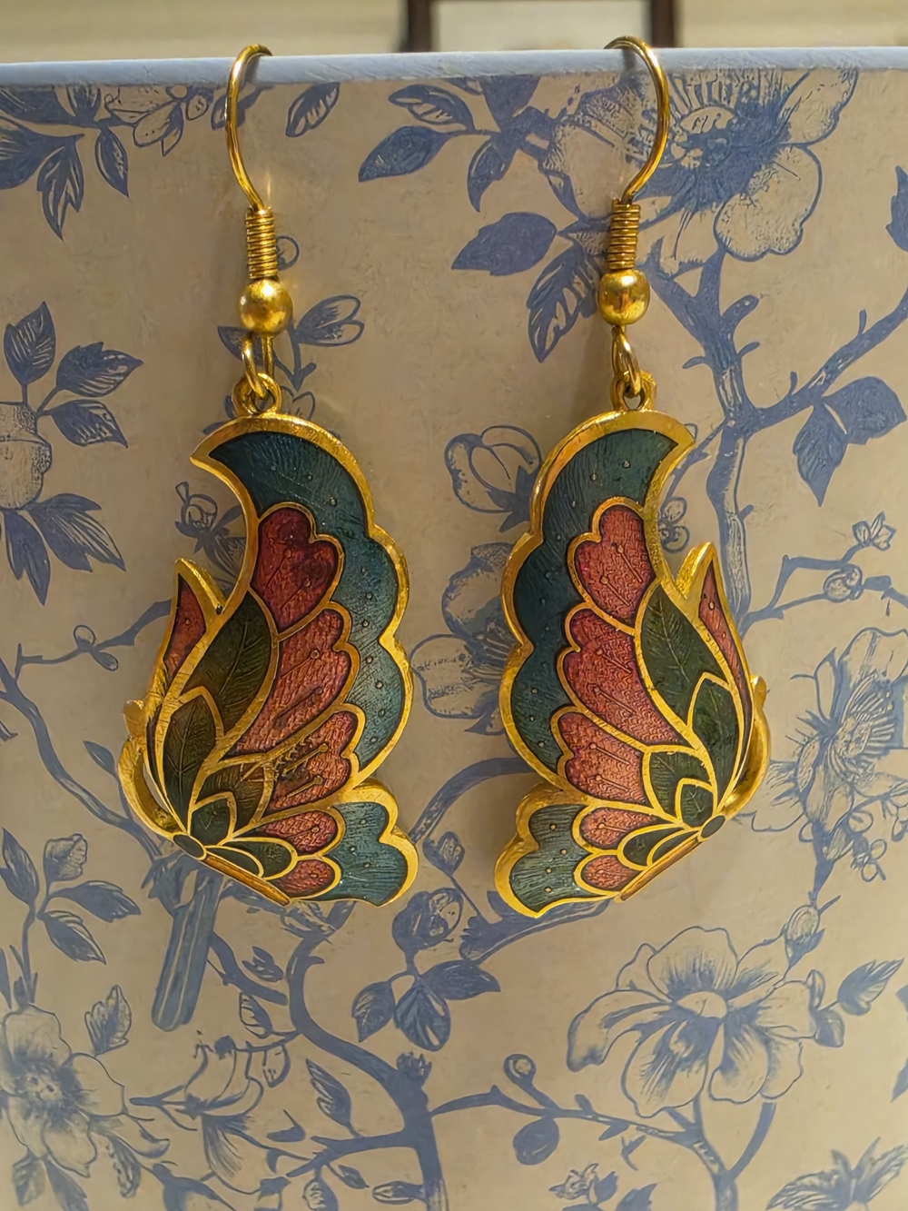 Vintage Cloisonne Butterfly Dangle Earrings